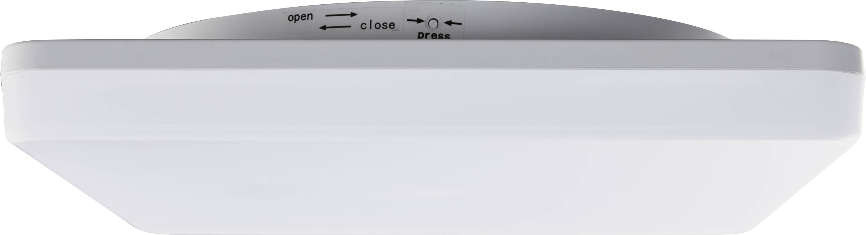 White, square ceiling light with rounded edges and a control panel featuring 'open/close' indicators.