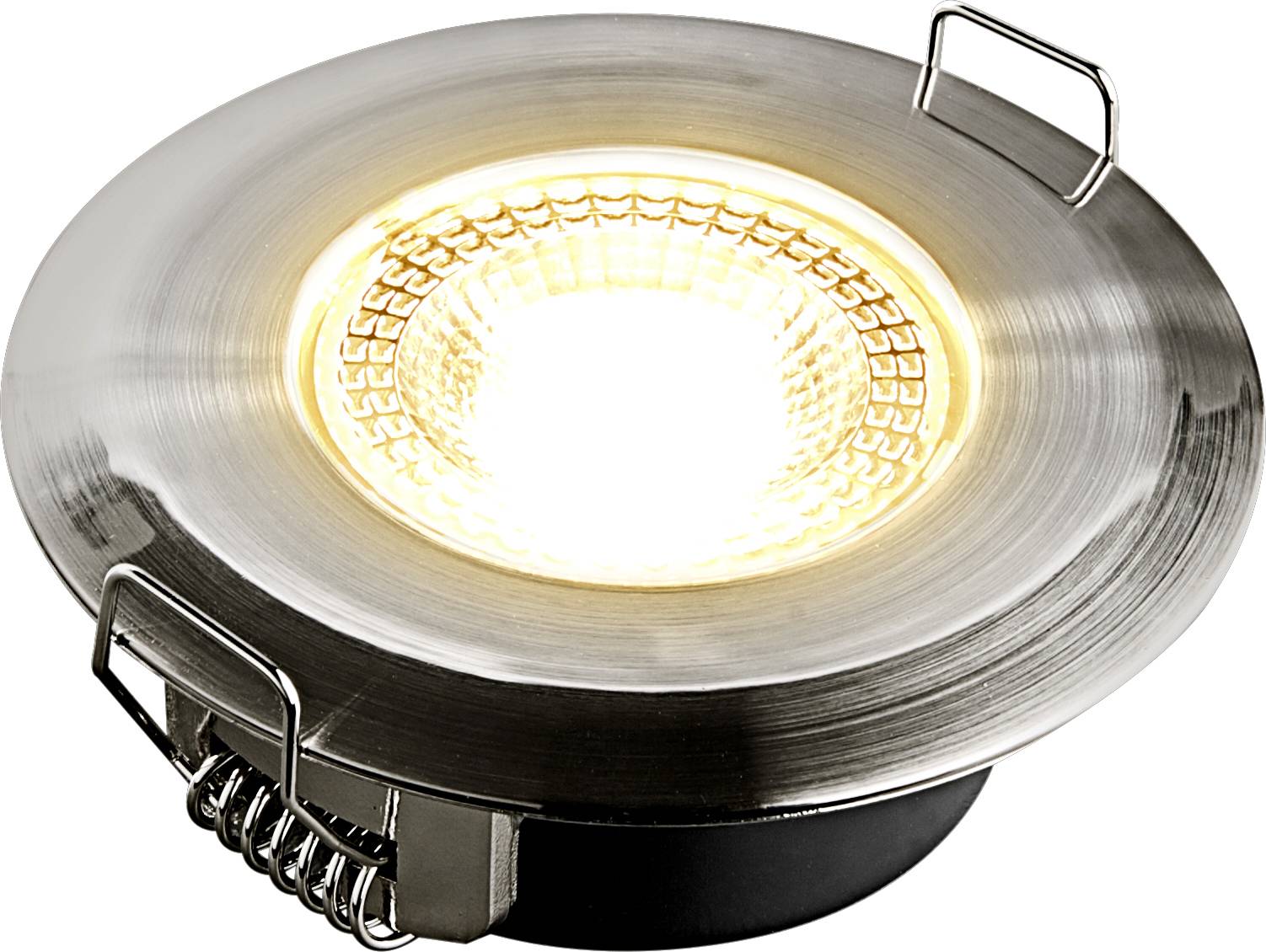 A round, silver-coloured LED spotlight with warm white light for ceiling mounting.
