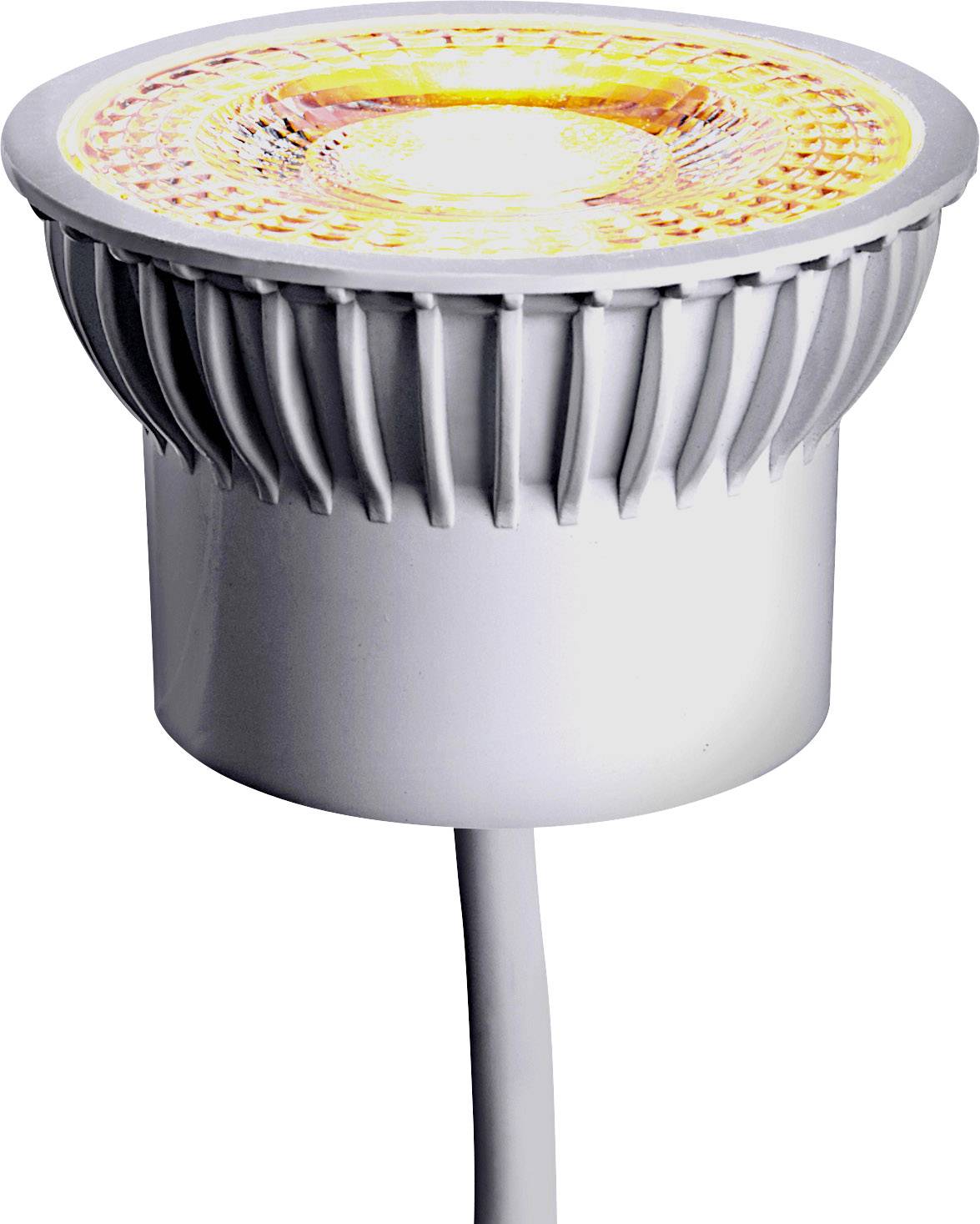 A LED spotlight with a silver heatsink and a yellow reflector in close-up. Suitable for energy-efficient lighting.
