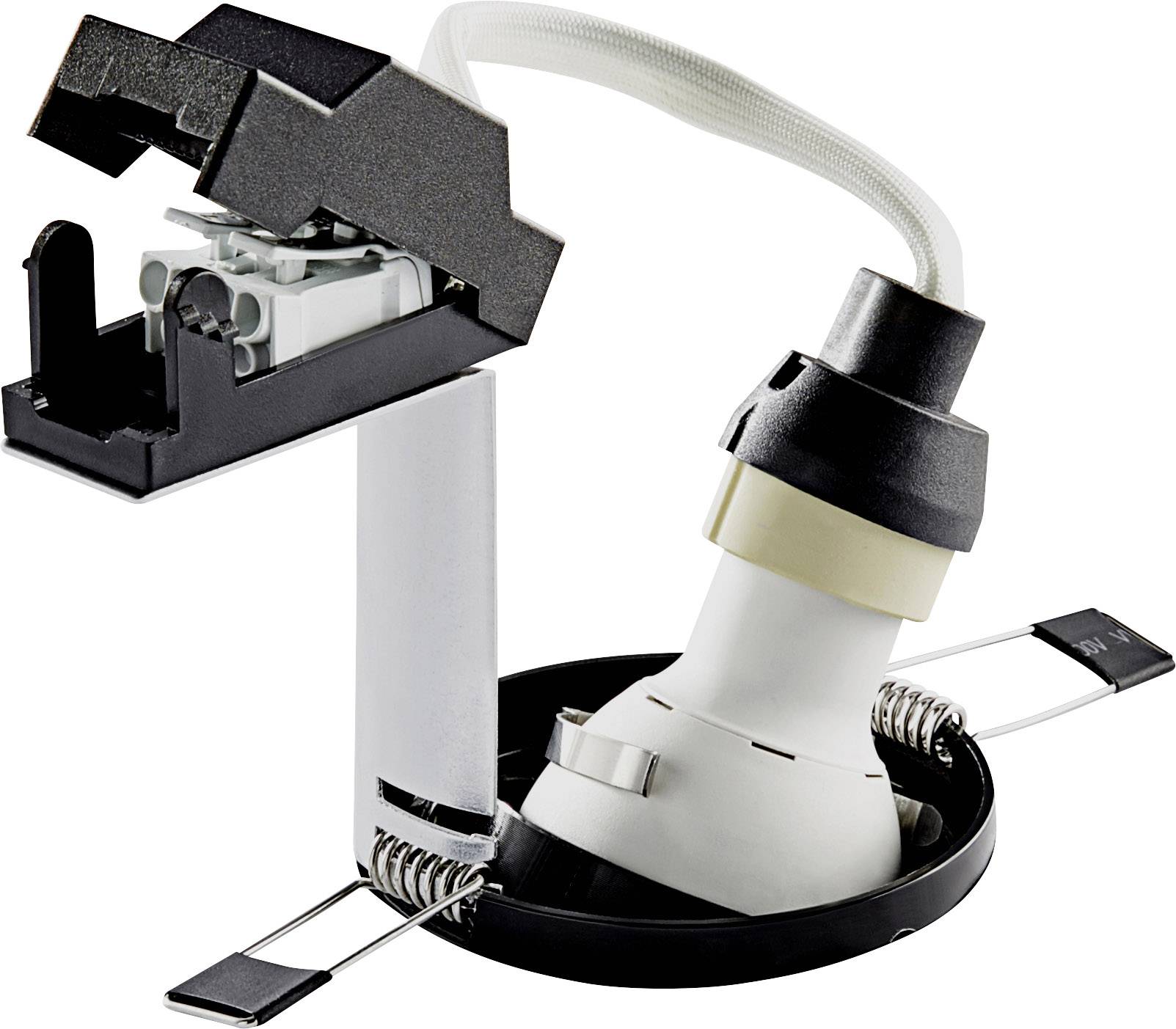 Built-in light fitting with cable and socket, ready for LED lamp installation.