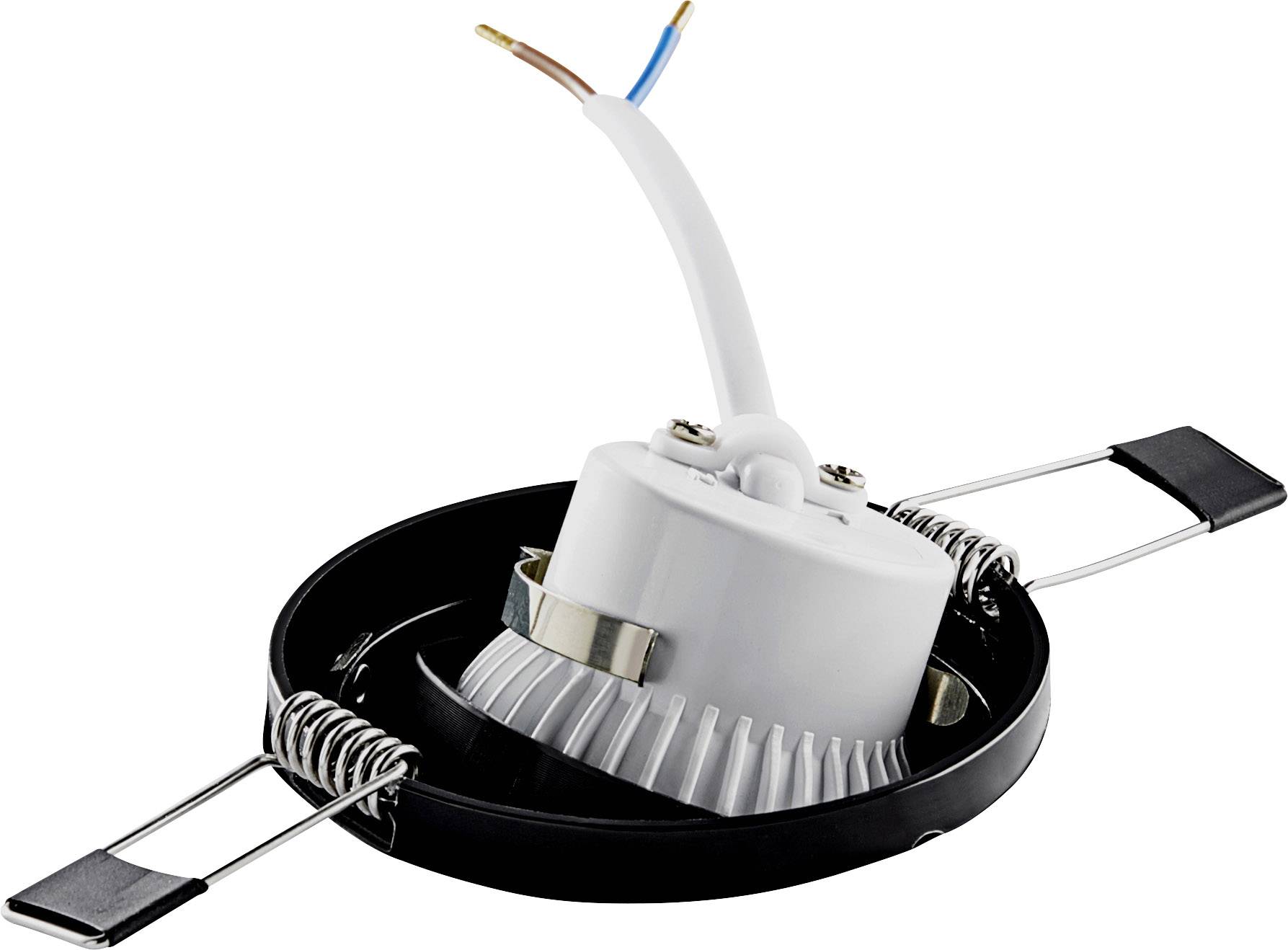 A LED ceiling light with two visible cables, embedded in a round mounting bracket with tension springs, prepared for installation.