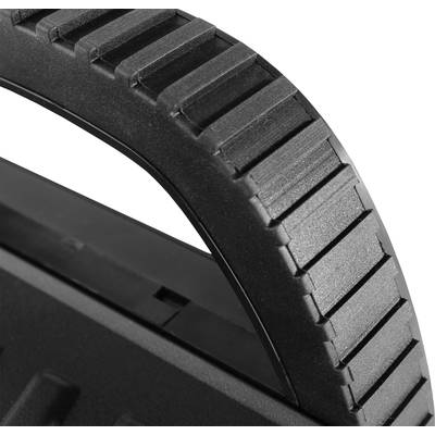 Close-up of a black handle with textured ridges on a device.