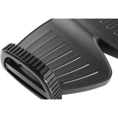 A black razor blade holder with textured surfaces and a ridged edge.