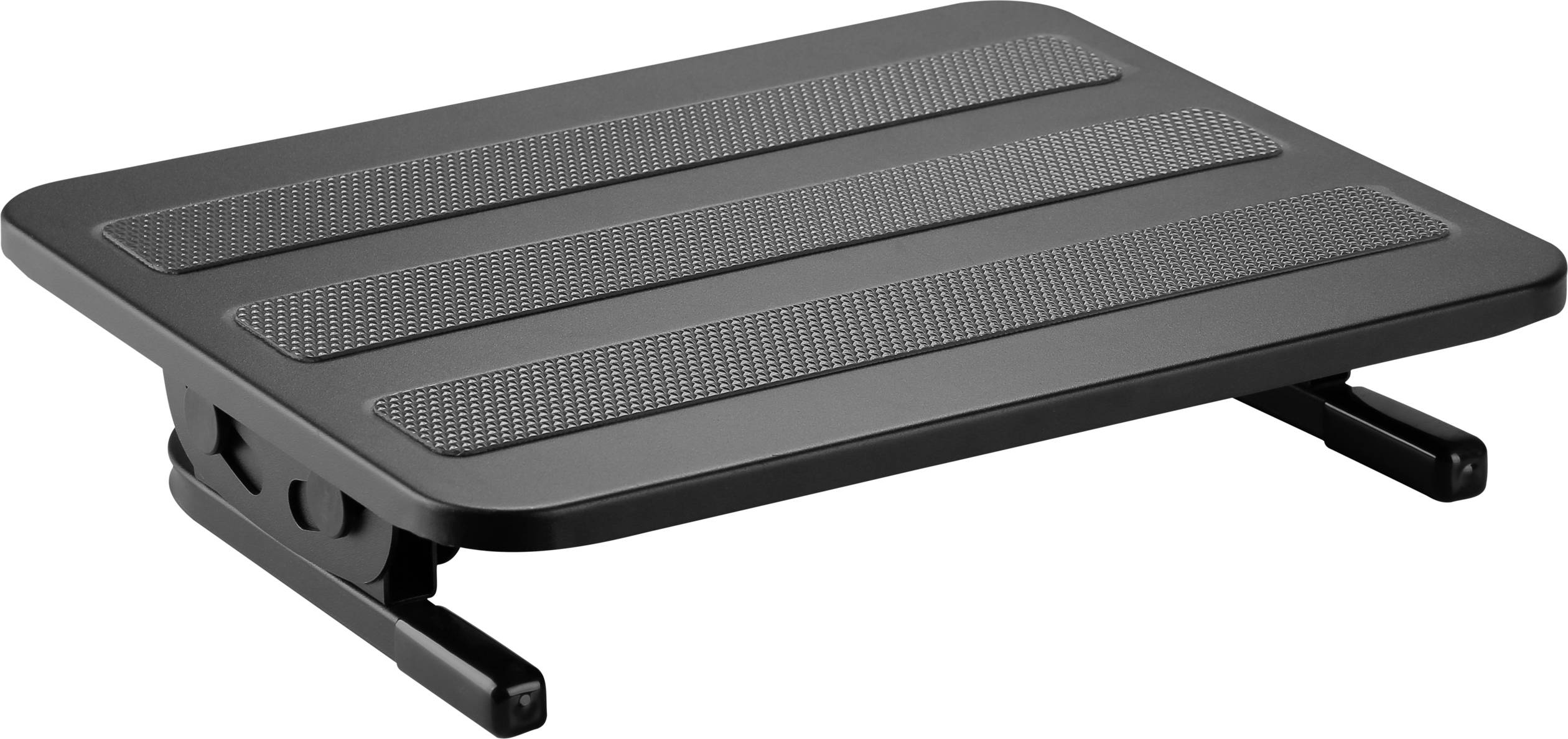 Black, adjustable footrest with non-slip strips on the surface. Suitable for ergonomic support whilst sitting.