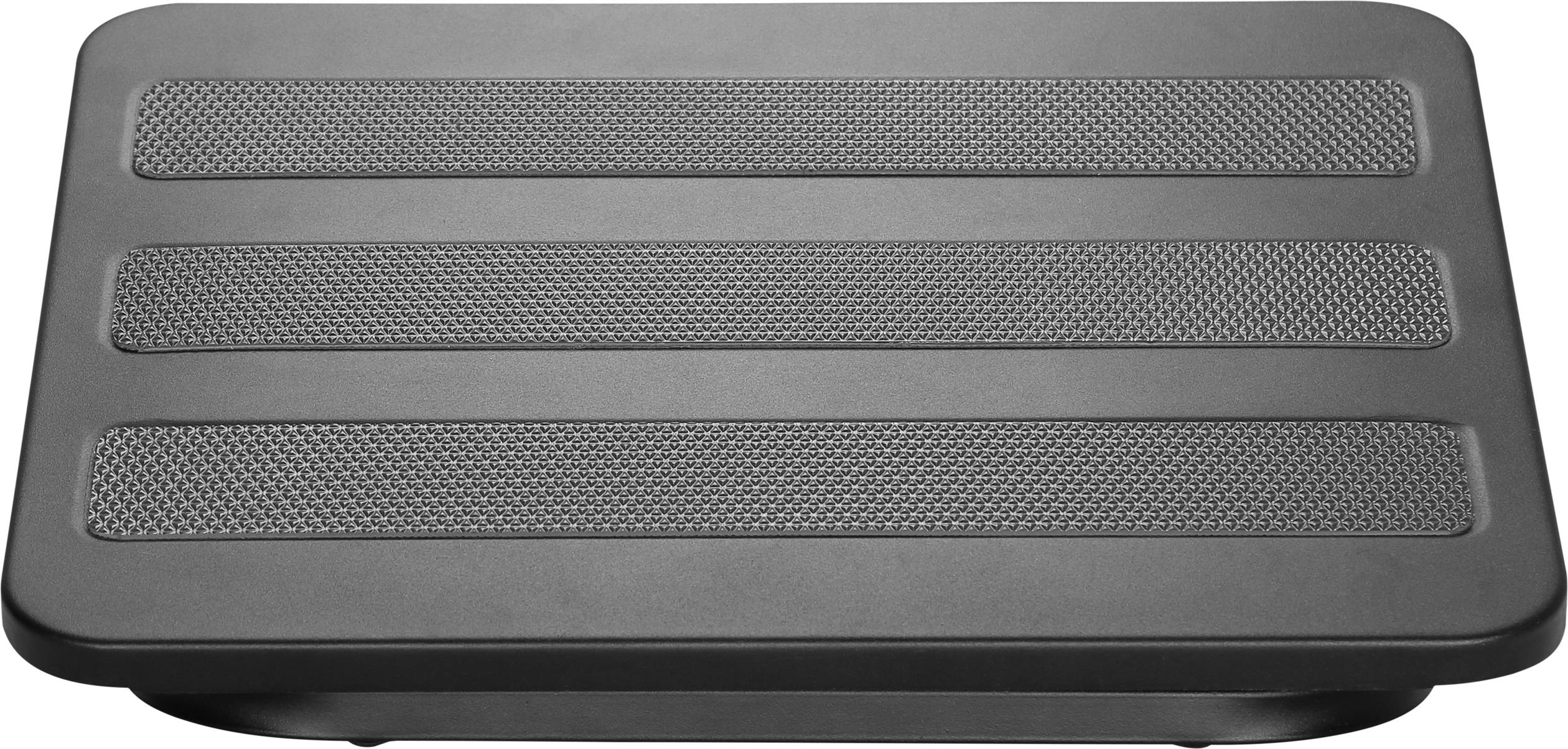 Black ergonomic footrest with non-slip surface, rectangular in shape, designed to support foot posture in the workplace.