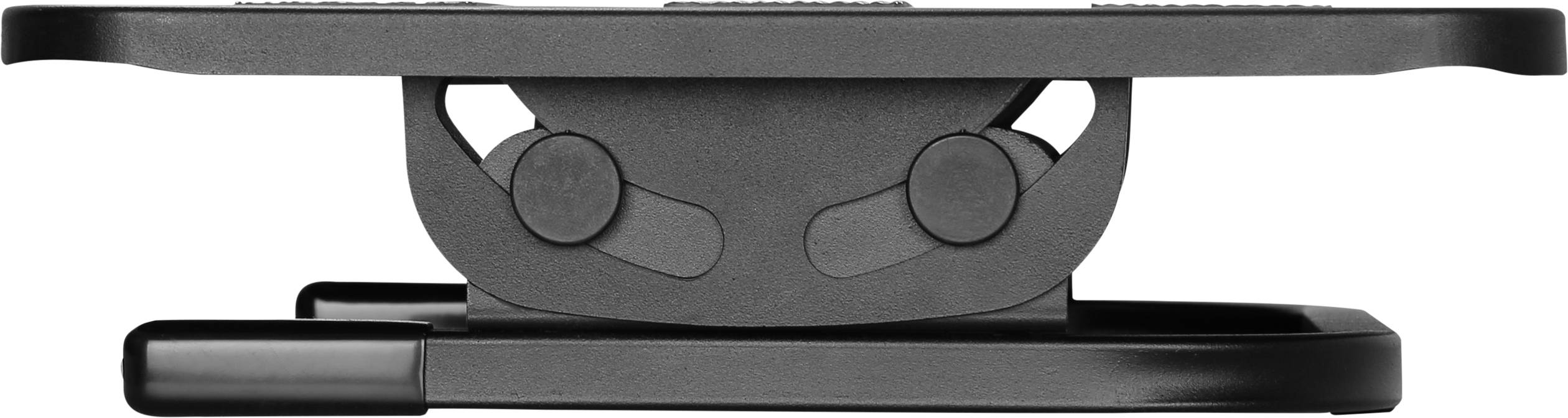 A black laptop stand with adjustable height, photographed from the side, reveals the mechanism and rubber coating for stabilisation.