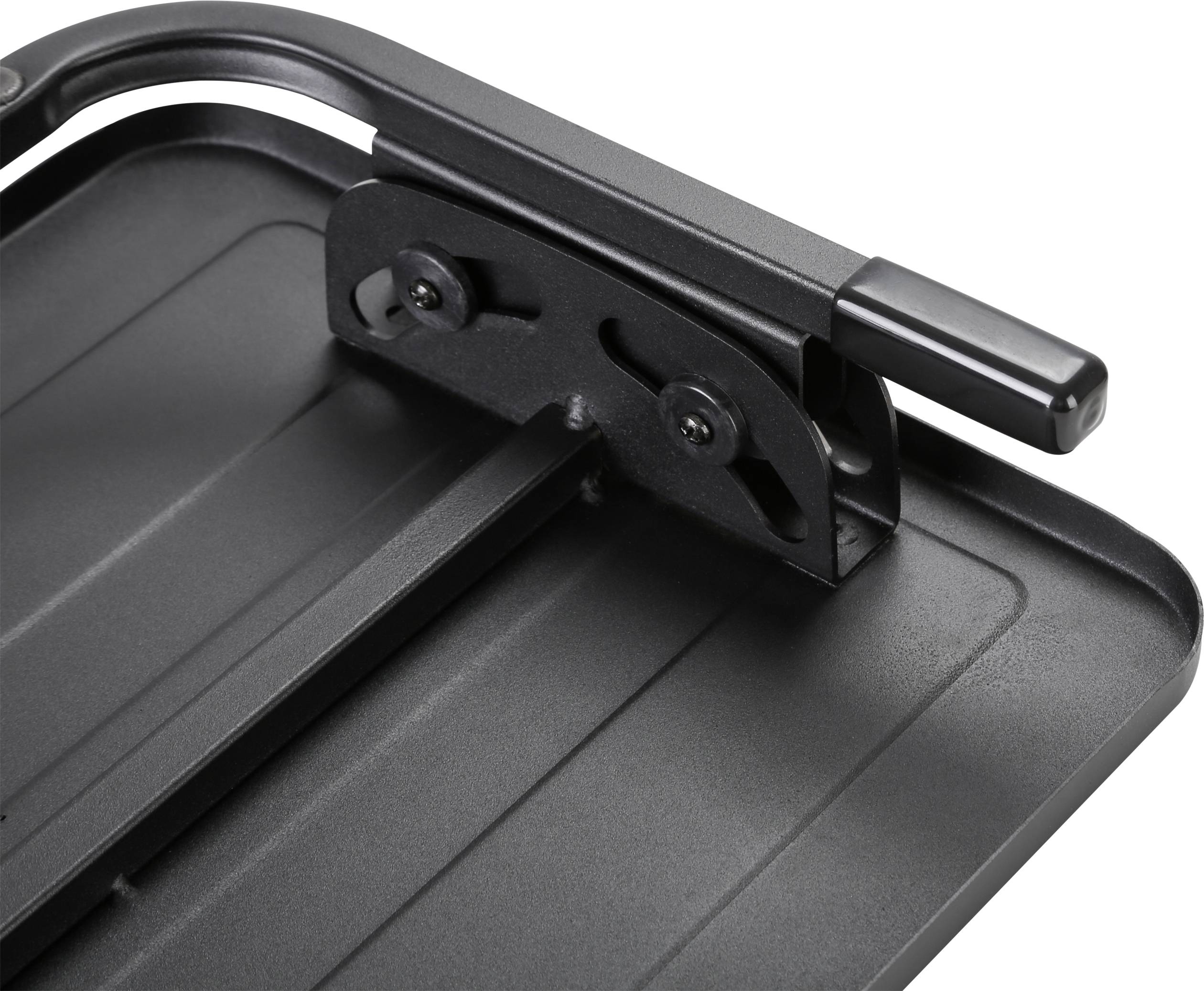 A black lever punch with a hole, mounted on a rectangular base, displays a robust, industrial design.