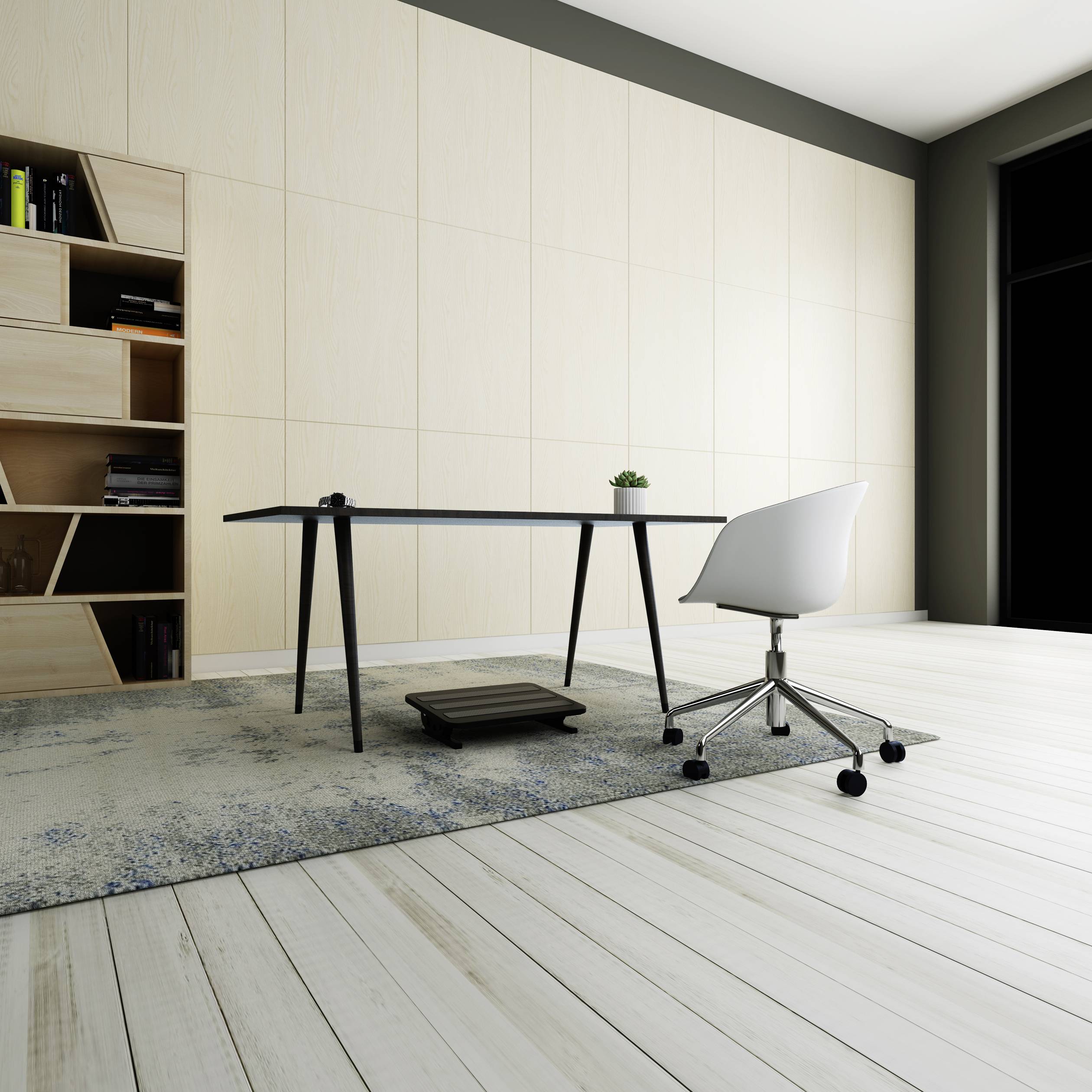A modern office space with a black desk, white office chair and decorative shelves. Bright wooden wall and large windows.