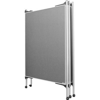 'Grey, foldable notice board on castors, folded vertically. Suitable for conferences or presentations. Frame made of silver metal.'