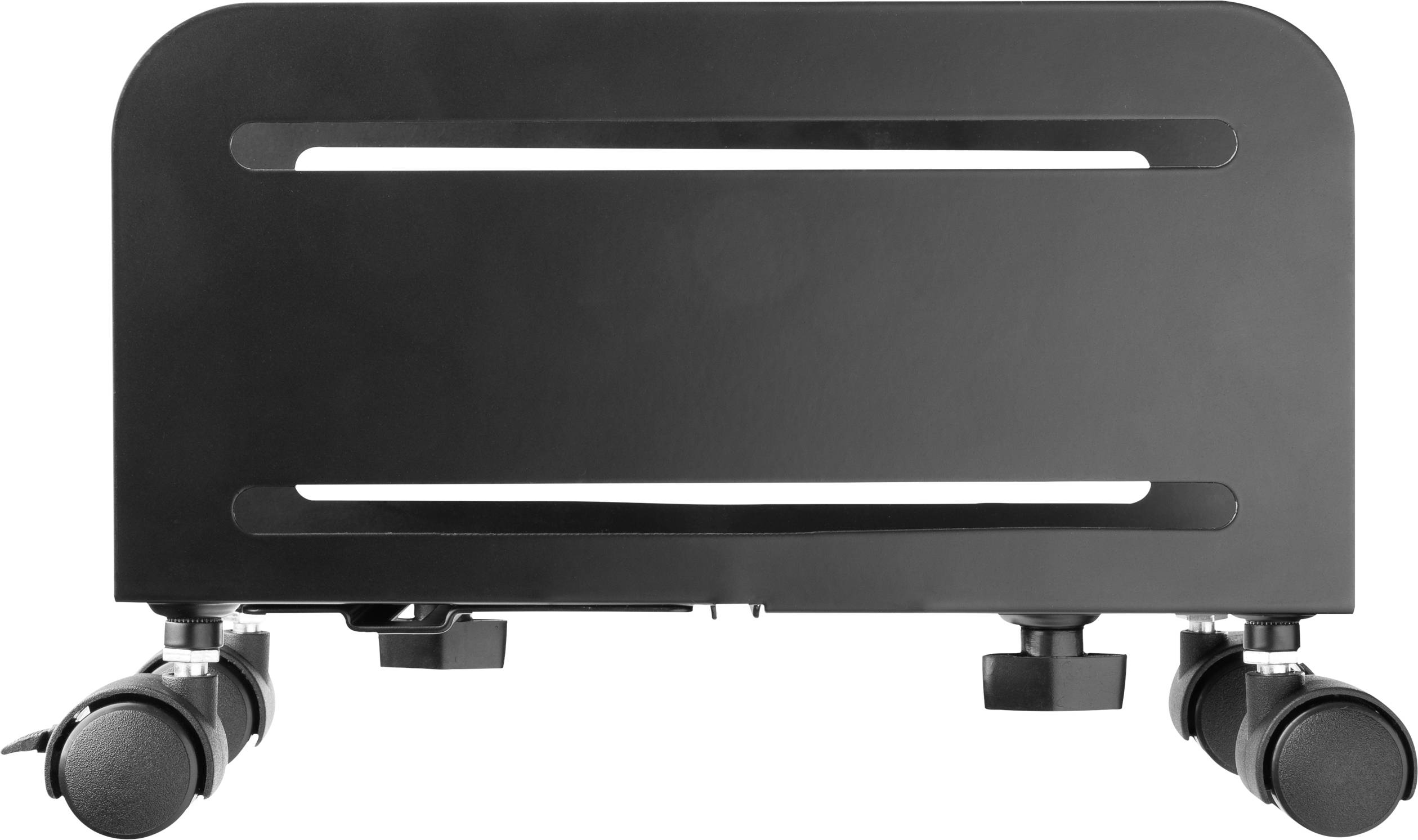 Black computer stand with wheels, enables easy mobility and flexible positioning of computers on the floor.
