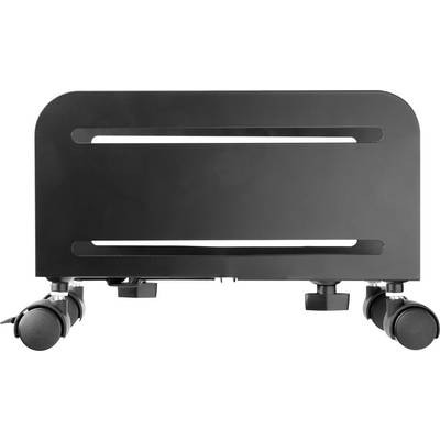 Black computer stand with wheels, enables easy mobility and flexible positioning of computers on the floor.