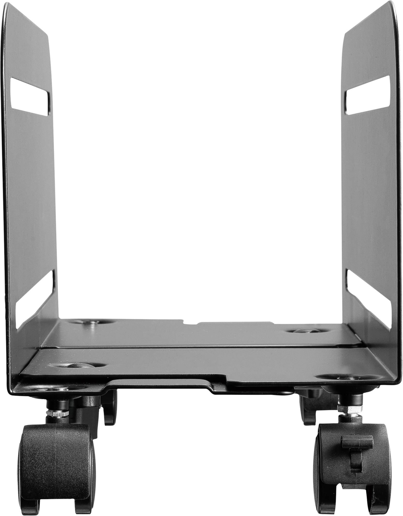 'Black metal frame with four wheels, suitable for transporting heavy items, in an empty space. Side walls have slots.'