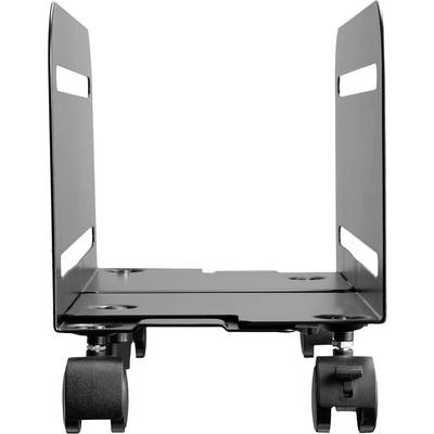 'Black metal frame with four wheels, suitable for transporting heavy items, in an empty space. Side walls have slots.'