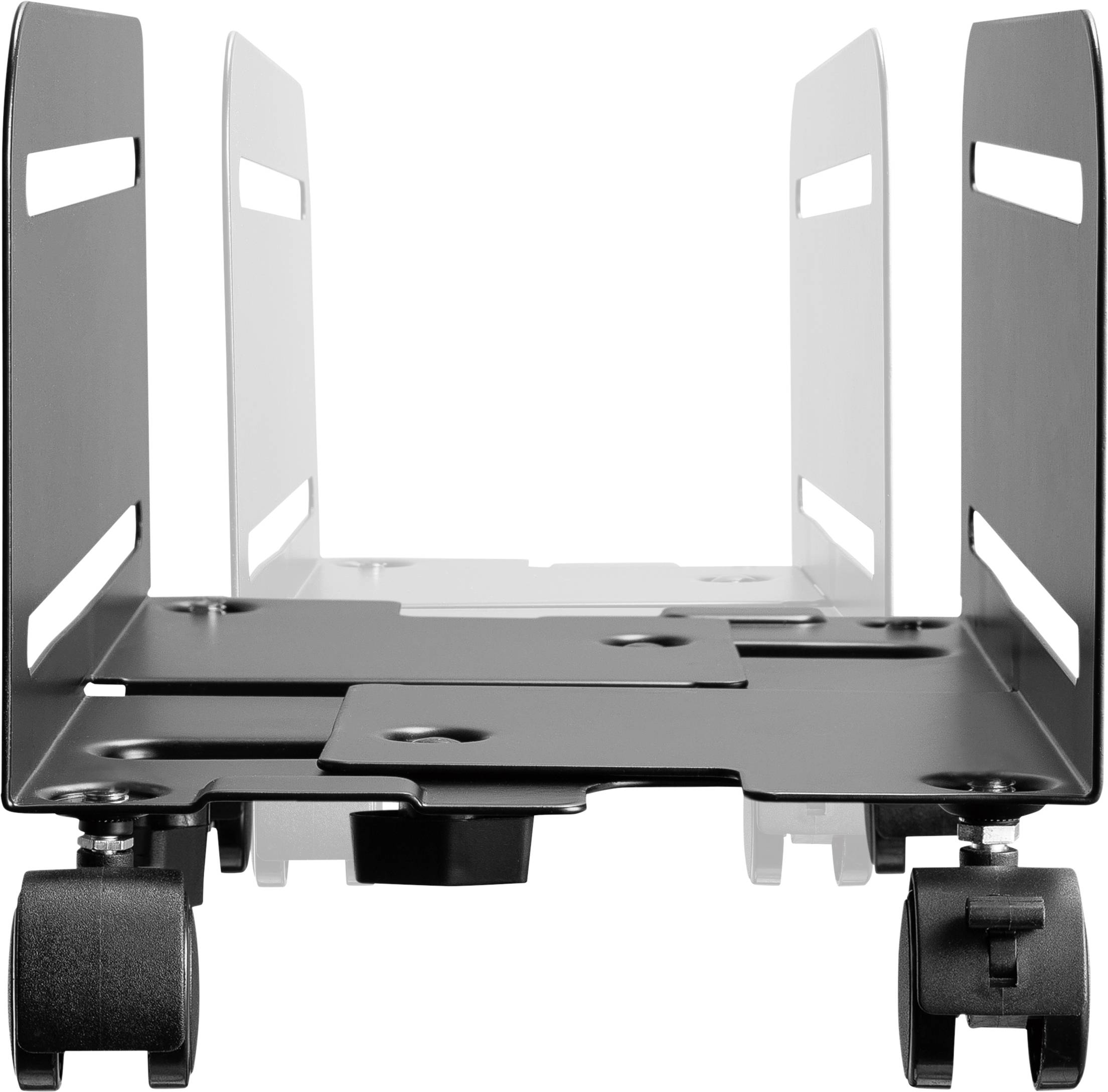 Black metal desktop stand with castors, suitable for securely storing electronic devices.