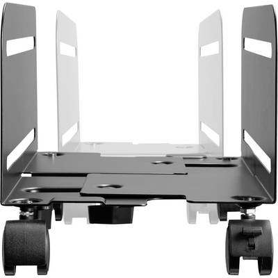 Black metal desktop stand with castors, suitable for securely storing electronic devices.
