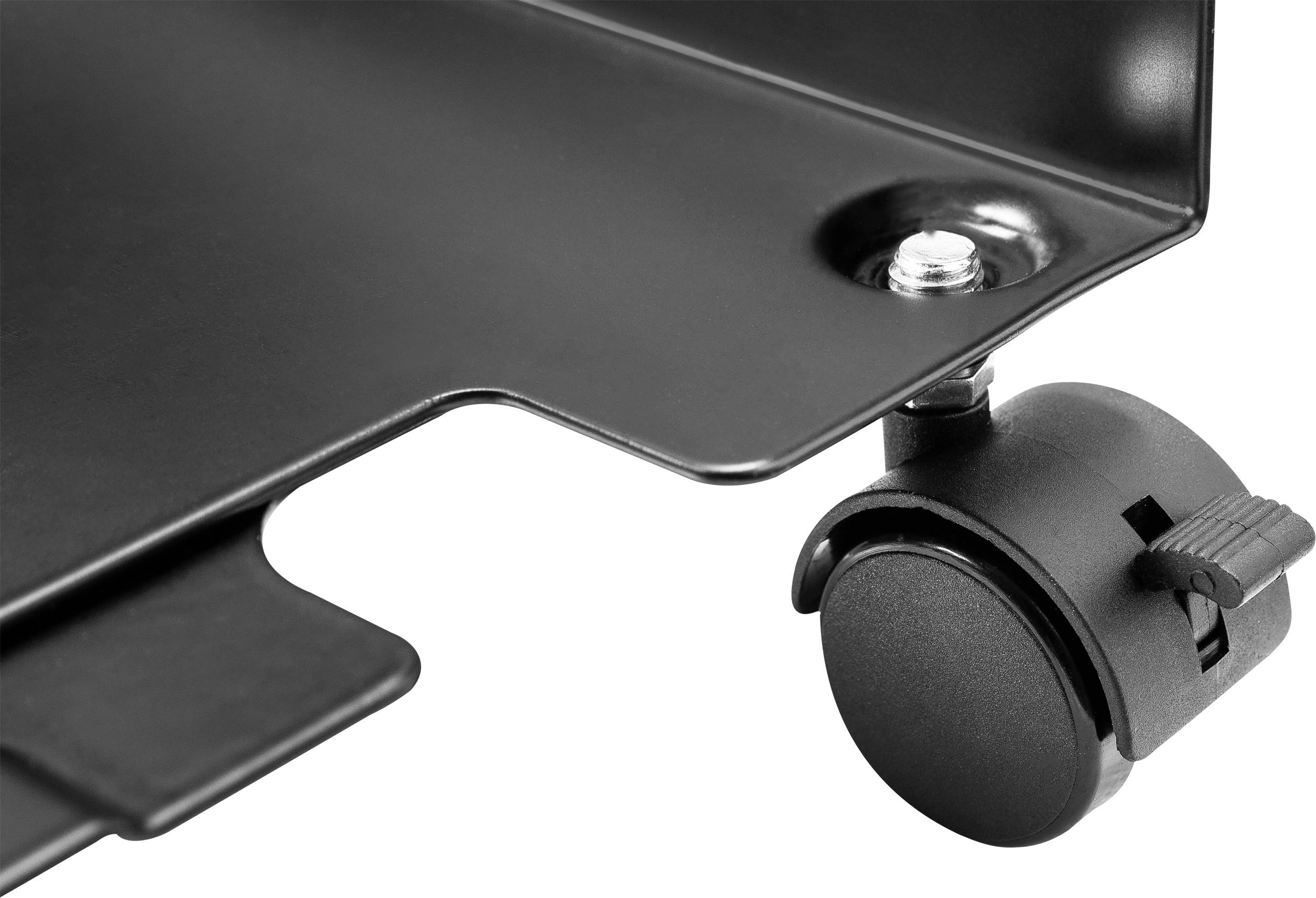 A black furniture castor fixed at a corner shows a metal screw and the movable mechanism of the wheel.