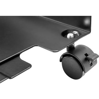A black furniture castor fixed at a corner shows a metal screw and the movable mechanism of the wheel.