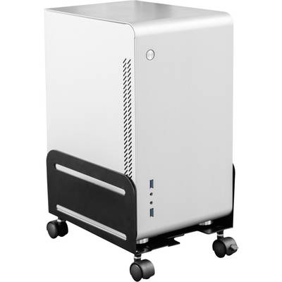 Silver PC tower on castors with a black base, featuring two USB ports and ventilation slots on the side.