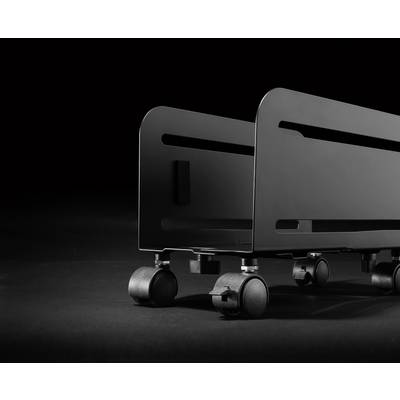 A black, minimalist wheeled storage trolley against a dark background. Design-focused, industrial style.
