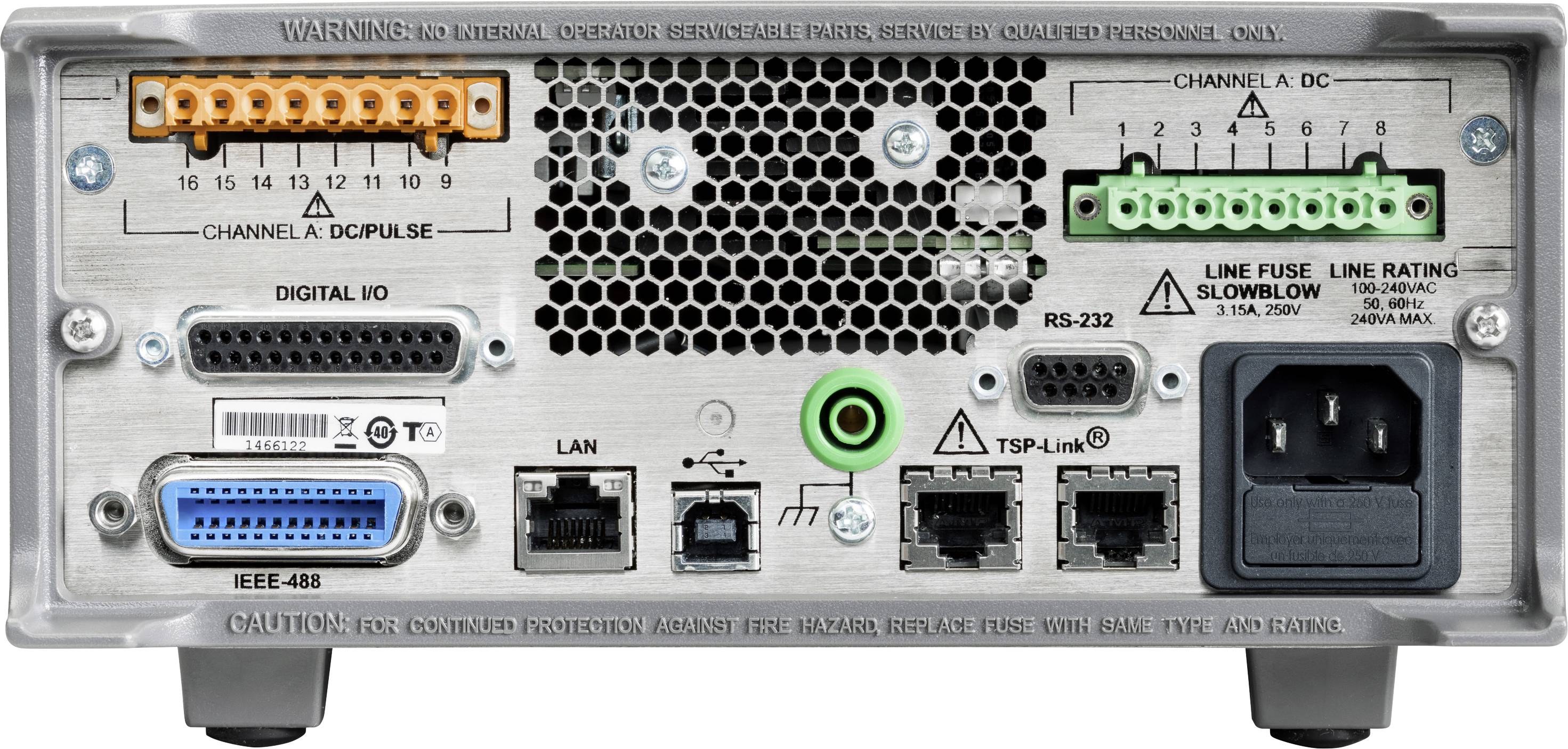 Back of an electronic device with various ports, including LAN, RS-232, and power socket. Warning notices at the top.