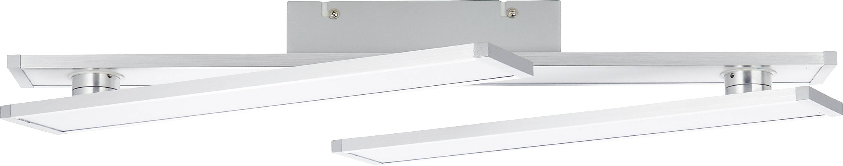 Silver-white, rectangular LED ceiling light with a dual panel design, mounted with adjustable positioning, emitting uniform light.