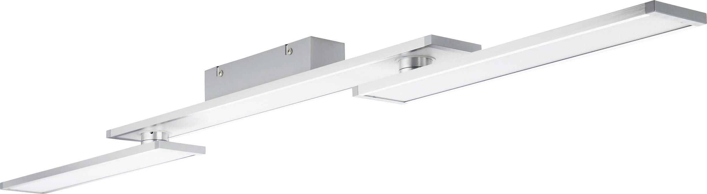 Silver-coloured, contemporary LED ceiling light with rectangular illuminated surfaces and a square mounting element.