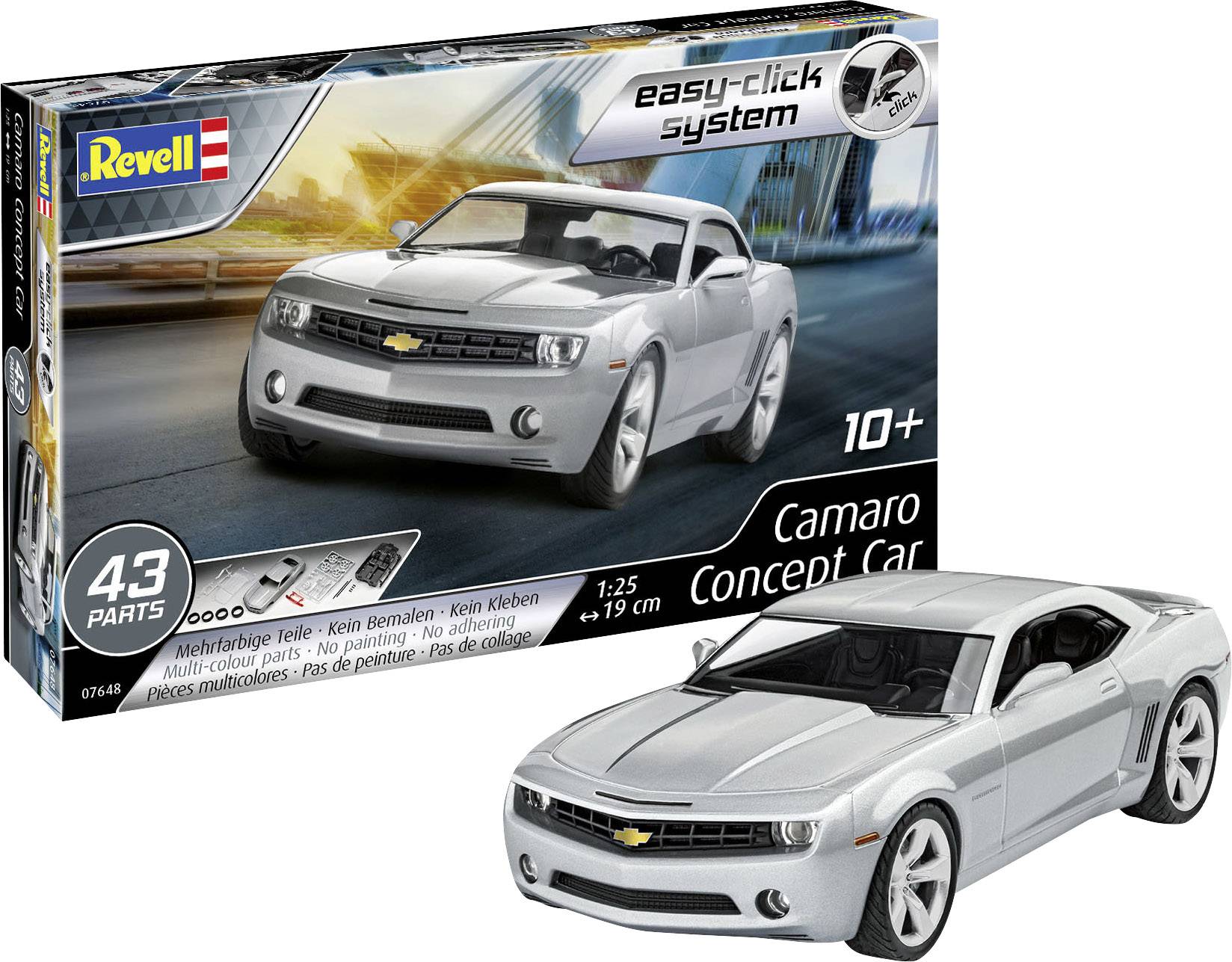Model car 'Camaro Concept Car', silver sports car, 43 pieces, suitable for children aged 10 and above. Packaging shows assembled model.