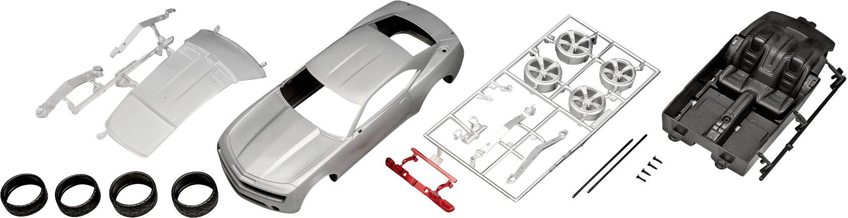 Kit for model car with bodywork parts, tyres, and interior components. Main components are supplied in an unpainted state.