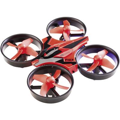 A red drone with four rotors, black protective casing, and the inscription 'FIZZ' on its side. Suitable for indoor flight games.