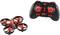 Small toy drone with red and black design next to a matching remote control; suitable for beginners in drone flying.