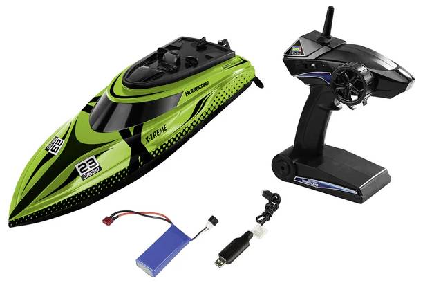'Green RC speedboat with 'Xtreme' branding, remote control, battery, and charger. Set displayed on a white background.'