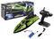 RC speedboat set with green boat, remote control, battery, and charger. Box indicates 'Hurricane' model, 45 km/h speed, by Revell Control.