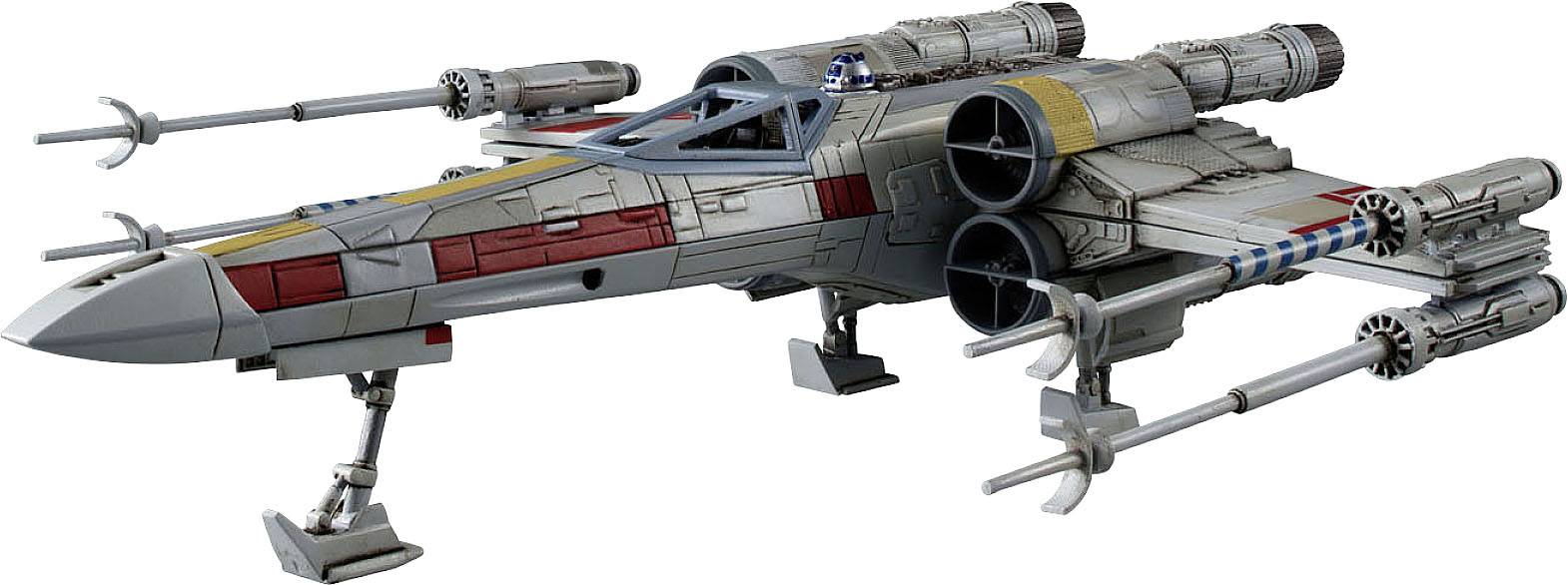 A fictional spacecraft with a distinctive design, well-known from a popular science fiction franchise. It has wings and laser cannons.