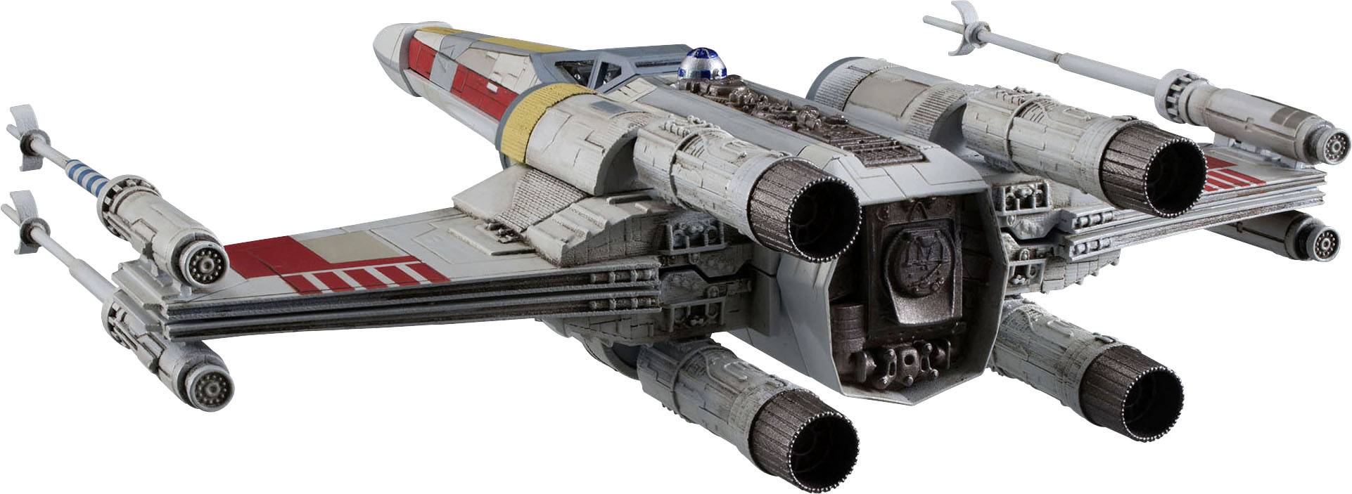 A futuristic spacecraft with X-shaped wings and multiple engines flies through space.