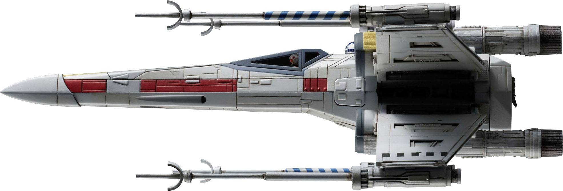 A spacecraft model with a sleek, grey hull and red and white accents. Two pairs of wings with cannons are mounted on the sides.