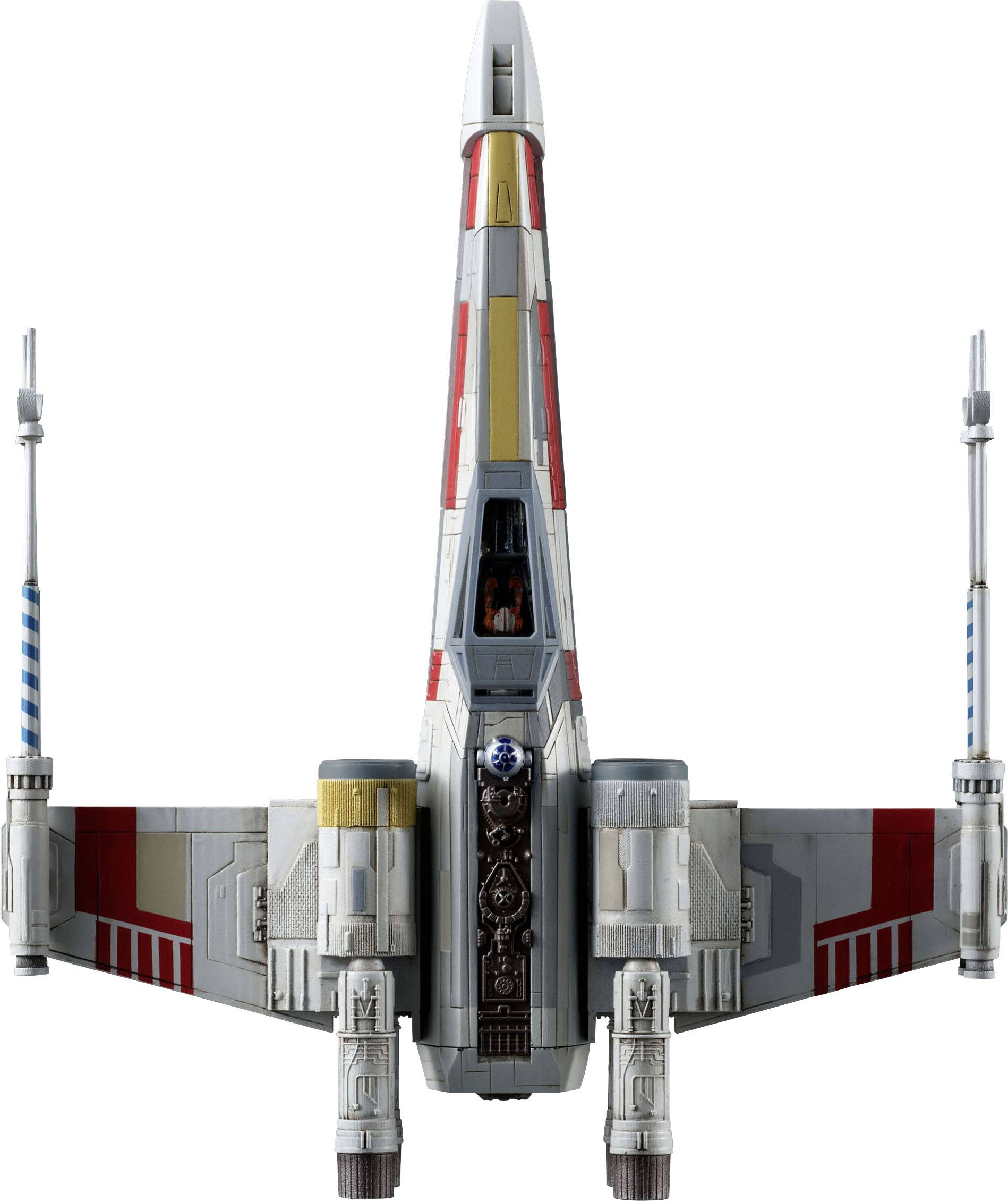 A spacecraft with red and grey paintwork, vertically oriented, with two lateral wings and a sturdy round nose.