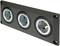 Three silver plug sockets on a black rectangular plate, arranged horizontally.