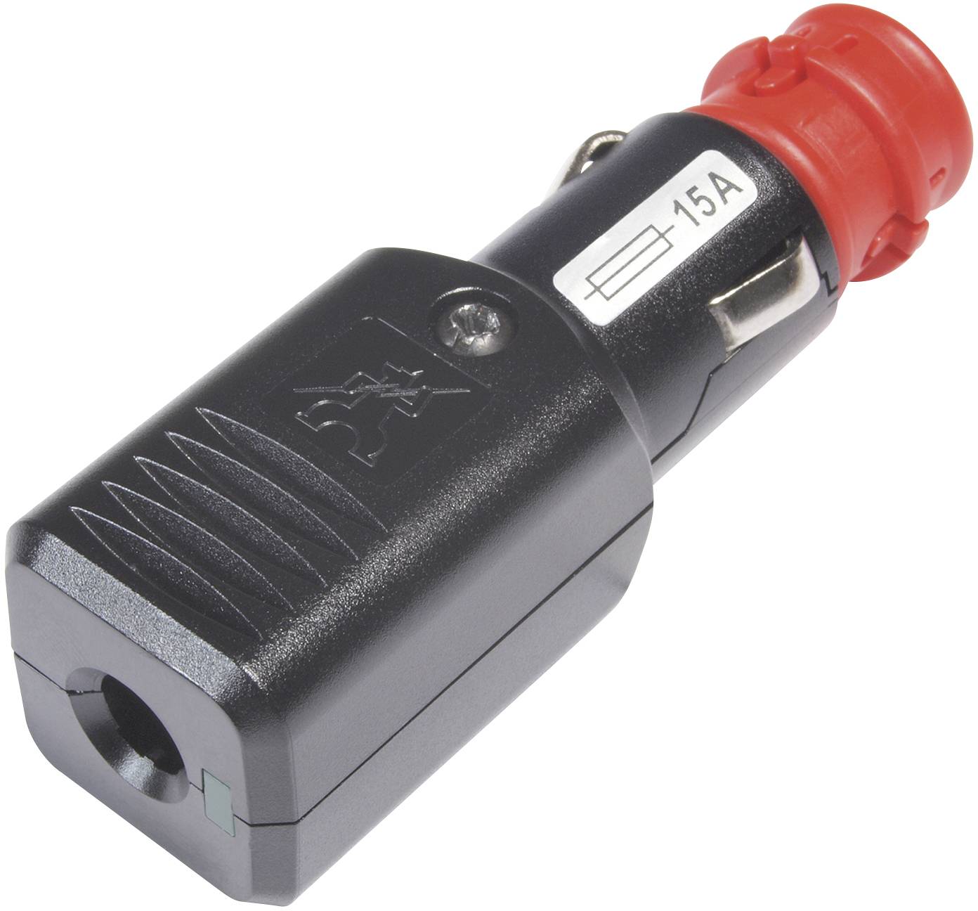 Black and red 12V-15A vehicle power adapter with fuse switch and quick-release pictogram.