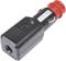 Black and red 12V-15A vehicle power adapter with fuse switch and quick-release pictogram.