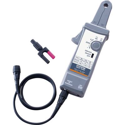 A grey current measuring device with a display and cable, suitable for direct and alternating current. It shows two measurement ranges.