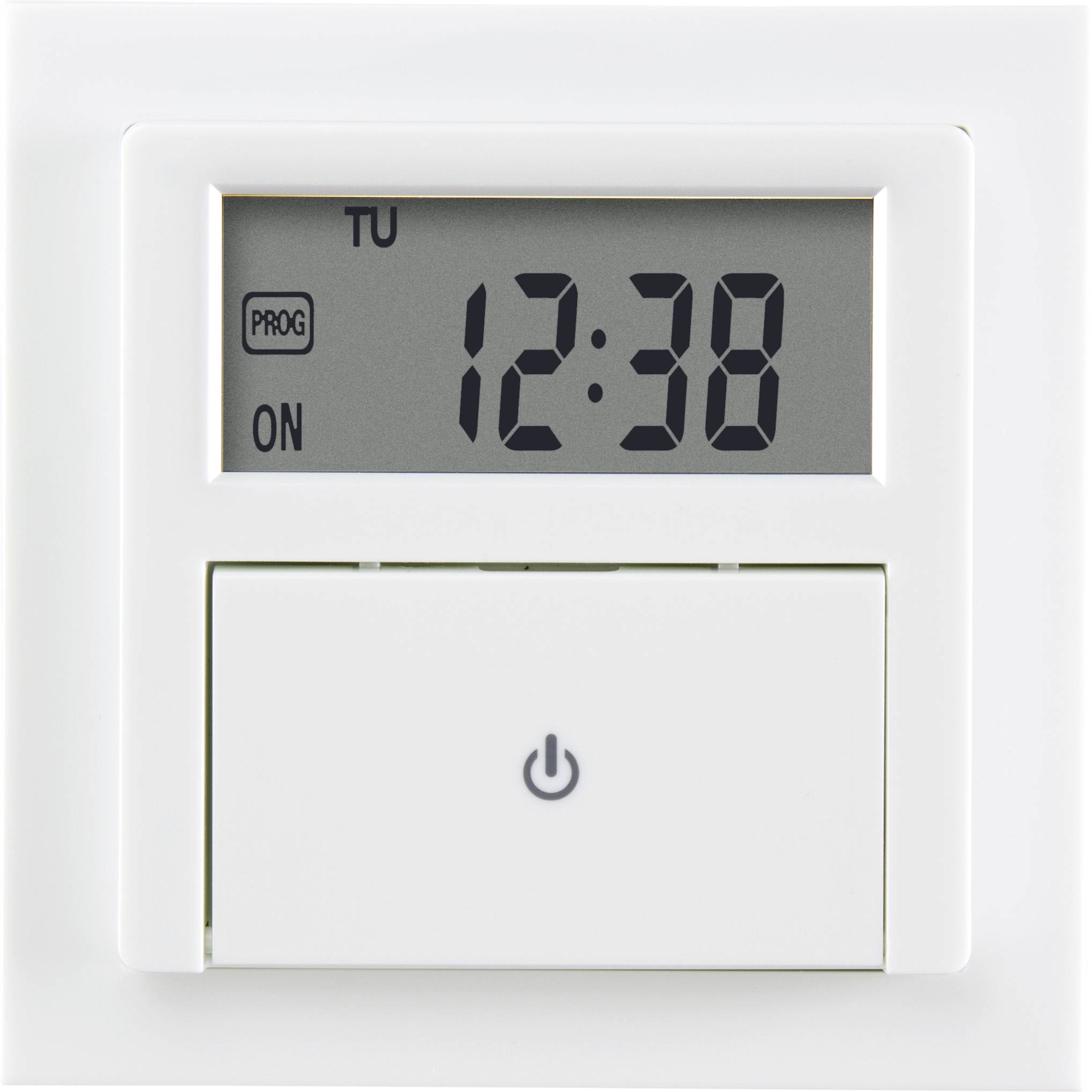 Digital timer frame with LCD display showing '12:38' time, 'TU' day of the week, 'PROG' programme and 'ON' operating status.