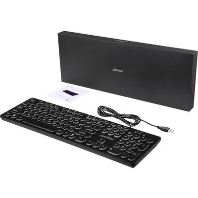 Black wired keyboard with round keys, next to a black box and an instruction manual on a white background.