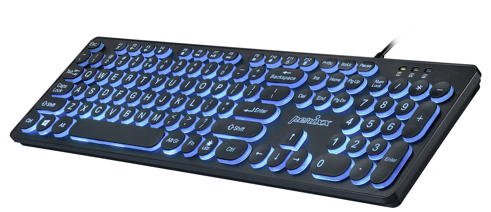 Black computer keyboard with blue LED-illuminated keys in round shape, wired connection, brand logo in the centre.