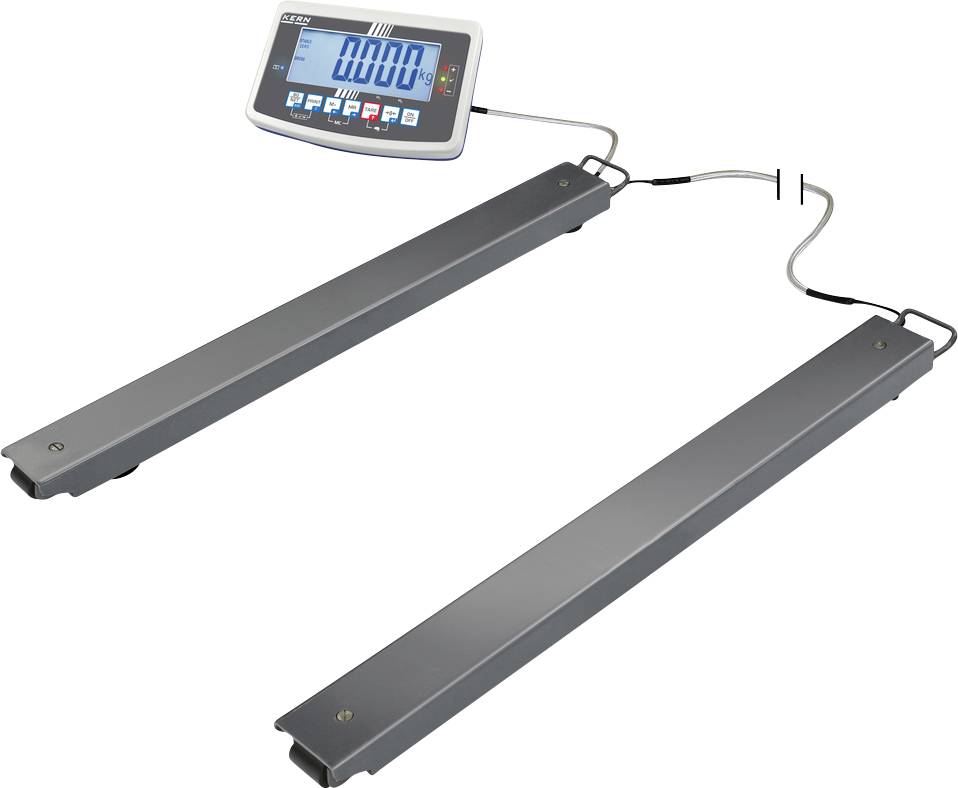 Electronic weighing scale with two long metal platforms and a display unit showing a weight of zero.