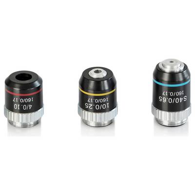 Three microscopic objectives in different sizes with labels indicating magnification and numerical aperture.