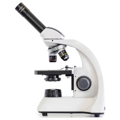 A white microscope with a black eyepiece and multiple objective lenses, viewed from the side. Ideal for use in laboratories.