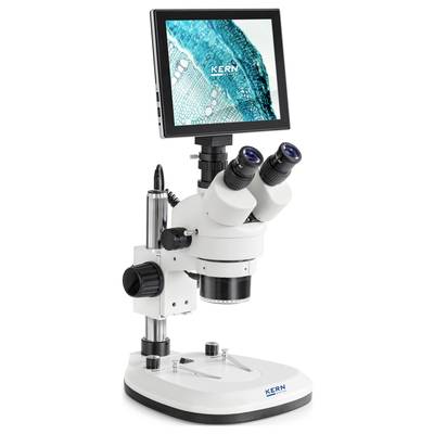 A microscope with an integrated screen displays an enlarged cell structure. The 'Kern' brand logo is visible on the screen and base.