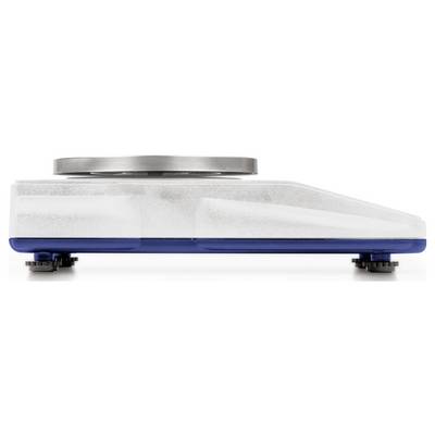 Side view of a compact, digital kitchen scale with a silver weighing surface and a blue, non-slip base.