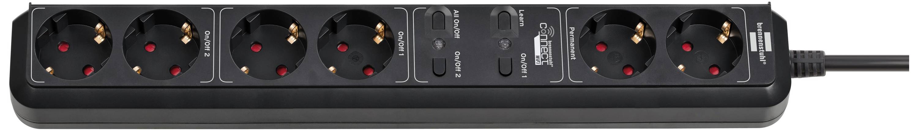 Six-way Schuko socket strip with integrated surge protection, black housing, suitable for home and office use.