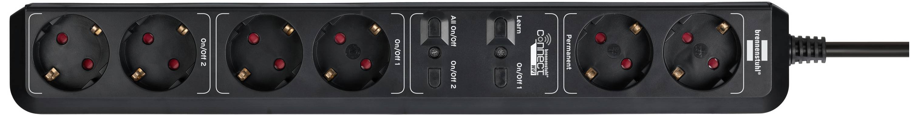 Black power strip with six outlets and a cable on the right-hand side.